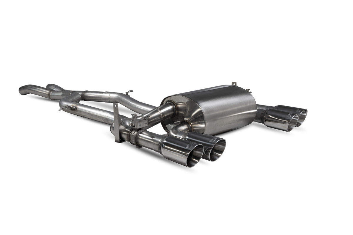 Scorpion BMW F80 M3 and F82 M4 non-resonated cat-back exhaust system with electronic valves, showing polished stainless steel pipes and mufflers.