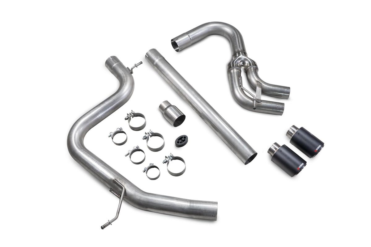 Scorpion Volkswagen Golf MK7 GTD cat-back exhaust system with polished stainless steel piping and dual exhaust tips.