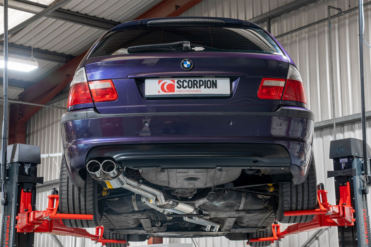 Scorpion BMW 3 Series E46 cat-back exhaust system installed on coupe, saloon, estate, showcasing polished exhaust tips and piping.