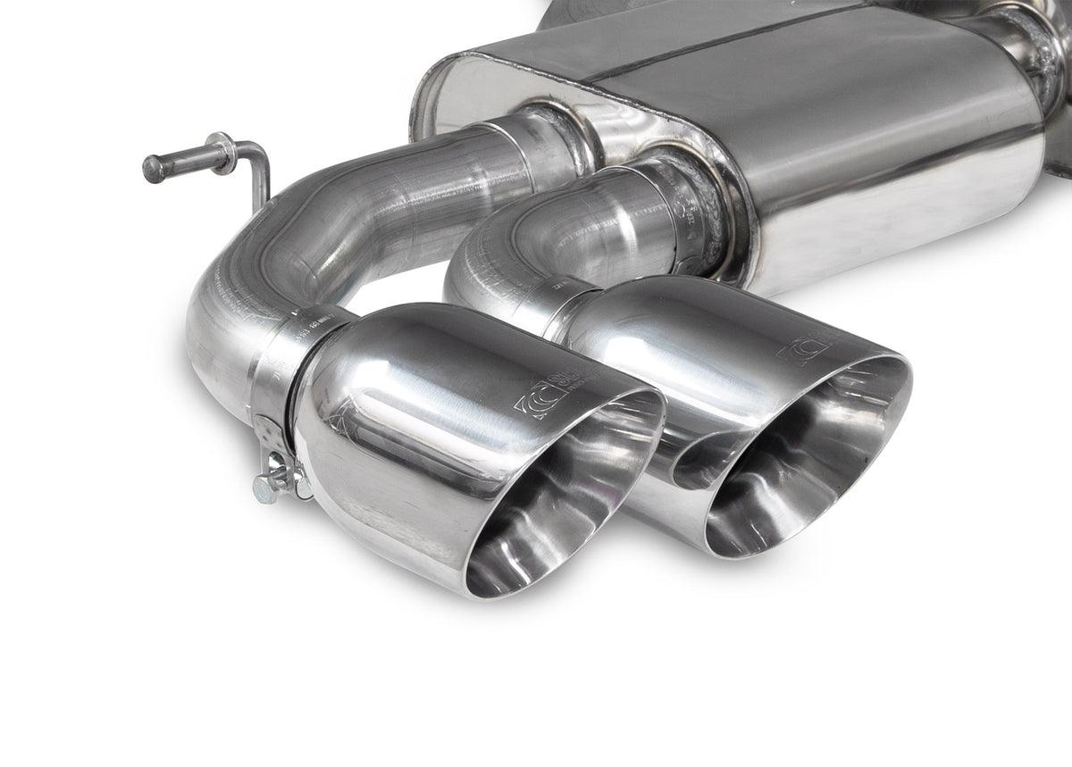 Scorpion Audi S3 8Y Sportback GPF-Back Exhaust System with resonated pipes and dual tips, installed on a silver car.