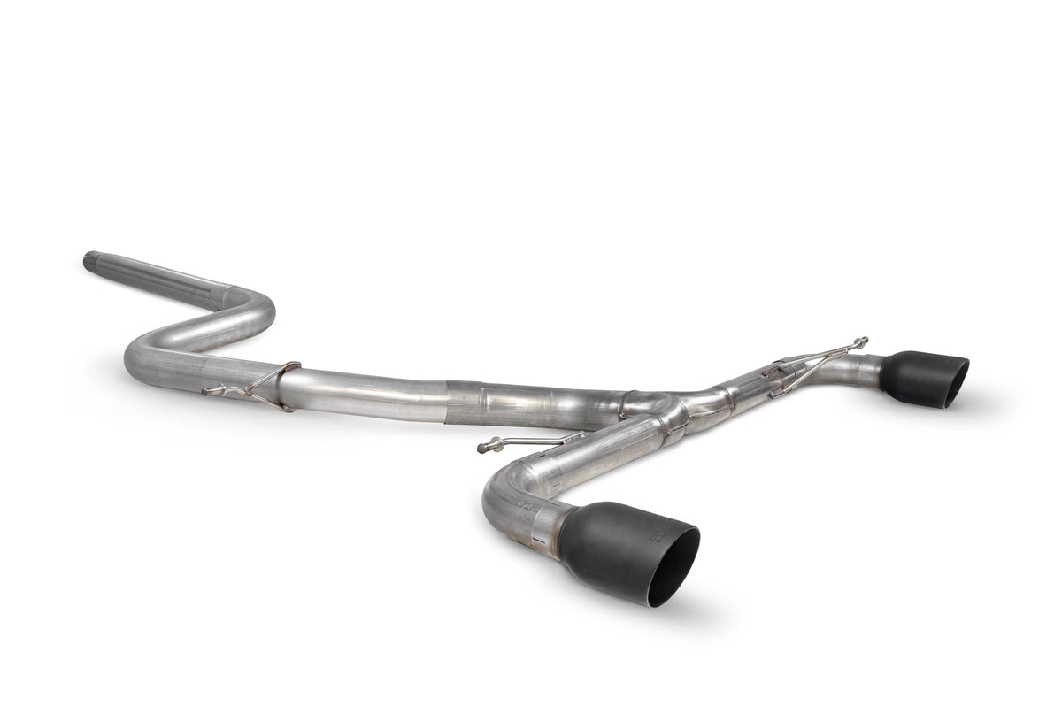 Scorpion Volkswagen Scirocco R non-resonated predator cat-back exhaust system installed on vehicle, showing polished stainless steel pipes.