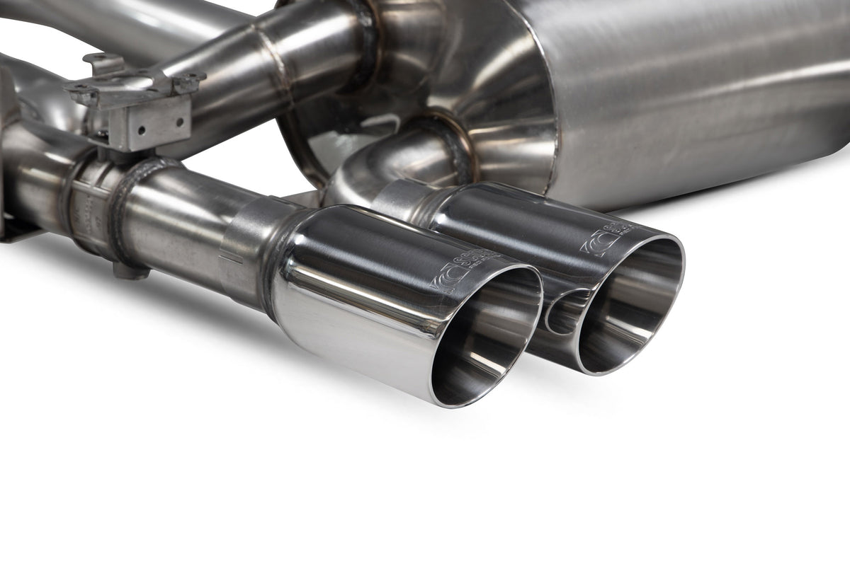 Scorpion BMW F80 M3 and F82 M4 non-resonated cat-back exhaust system with electronic valves installed on a vehicle.