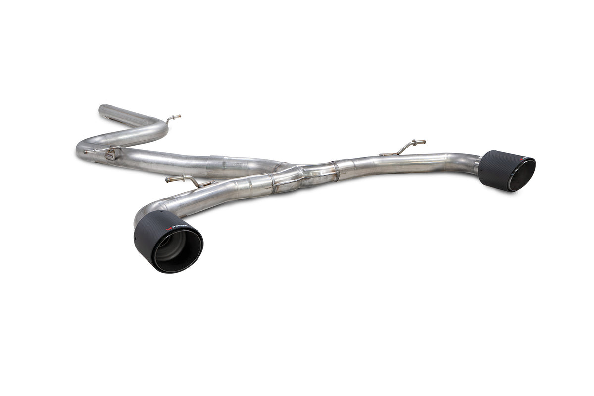 Scorpion Volkswagen Golf MK8 GTI Clubsport GPF-Back Exhaust System with non-resonated Predator design, shown installed on the vehicle.