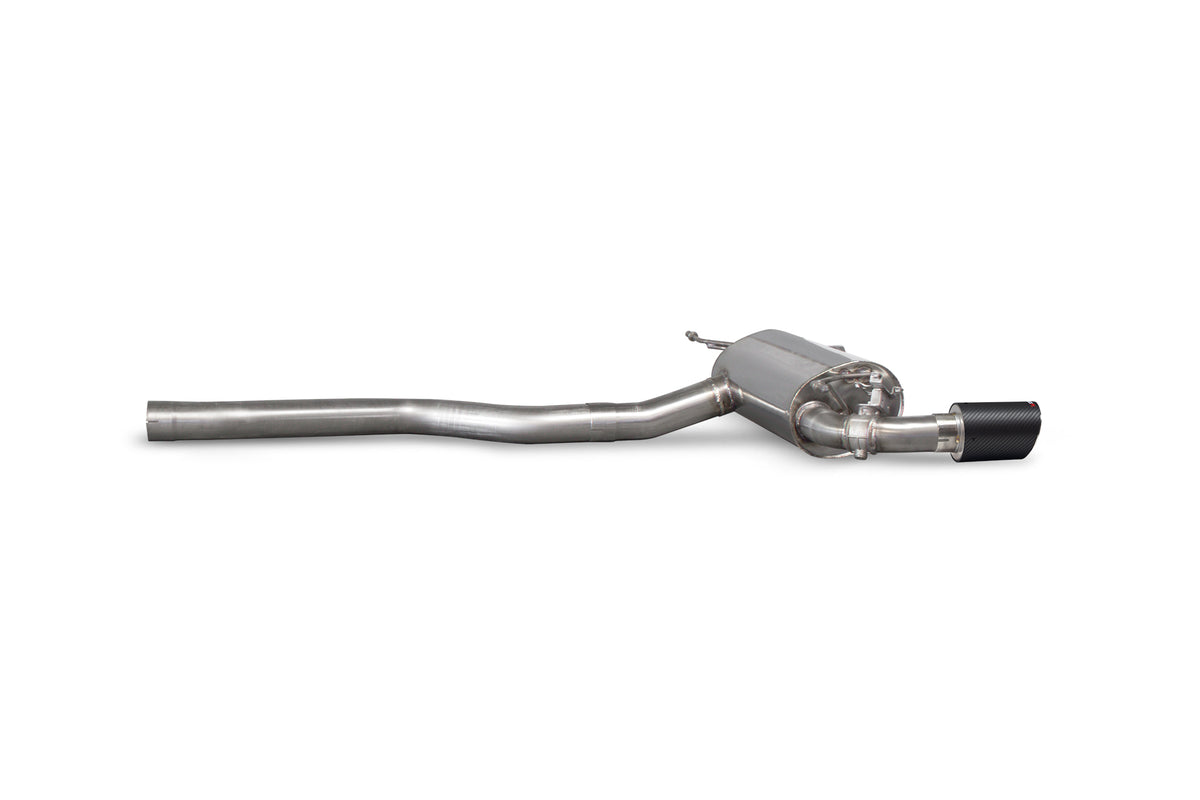 Scorpion BMW M240i GPF back exhaust system with electronic valve, showcasing polished metal pipes and dual exhaust tips.