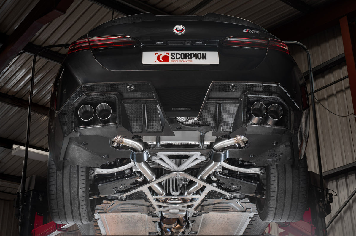 Scorpion BMW M5 G90 G99 GPF-Back Exhaust System with electronic valves, showing polished metal pipes and dual exhaust tips.