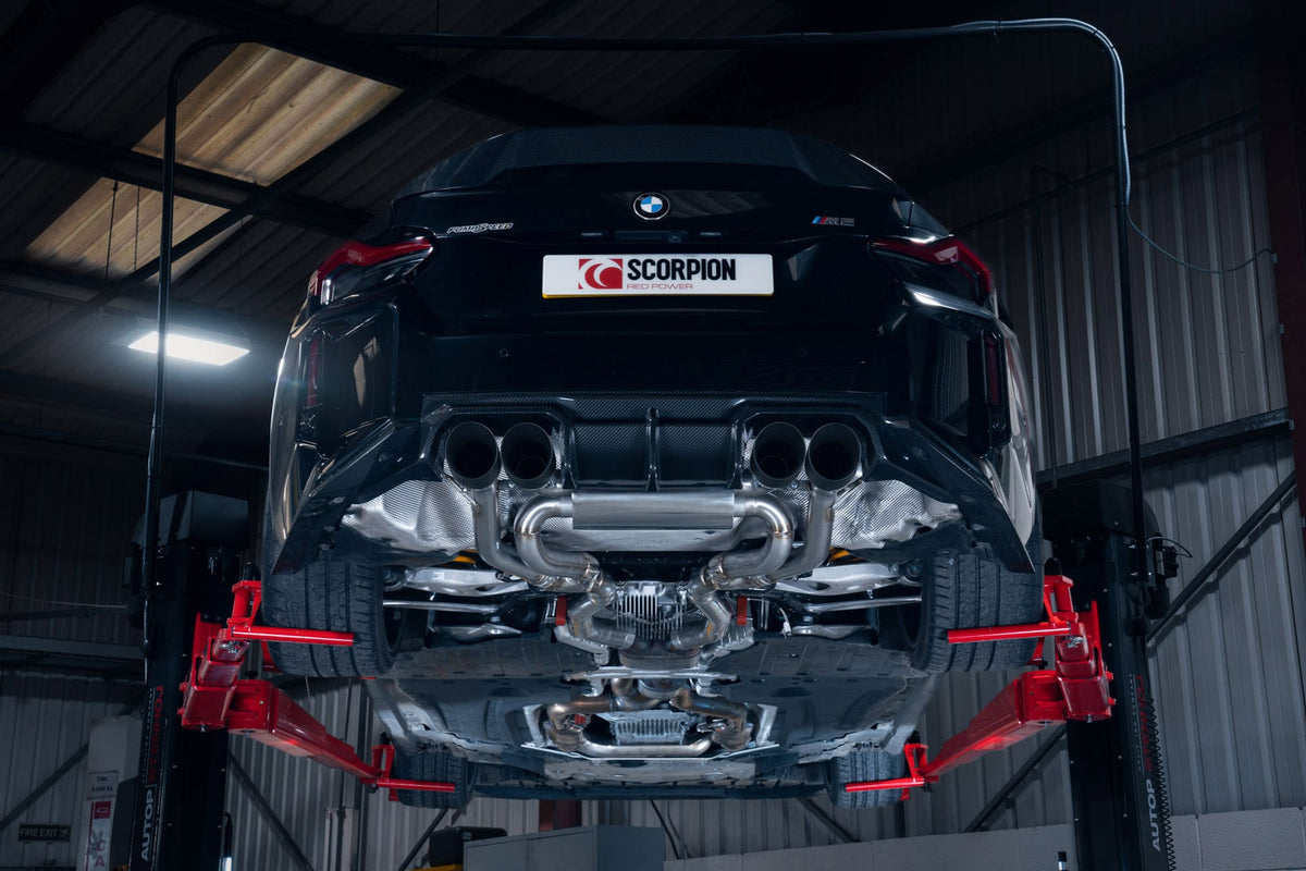 Scorpion BMW M2 G87 half exhaust system with polished stainless steel pipes and dual exhaust tips.