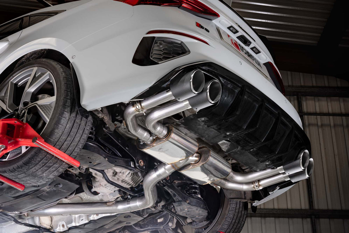 Scorpion Audi S3 8Y Sportback GPF-back exhaust system with electronic valves, showcasing polished metal pipes and dual exhaust tips.