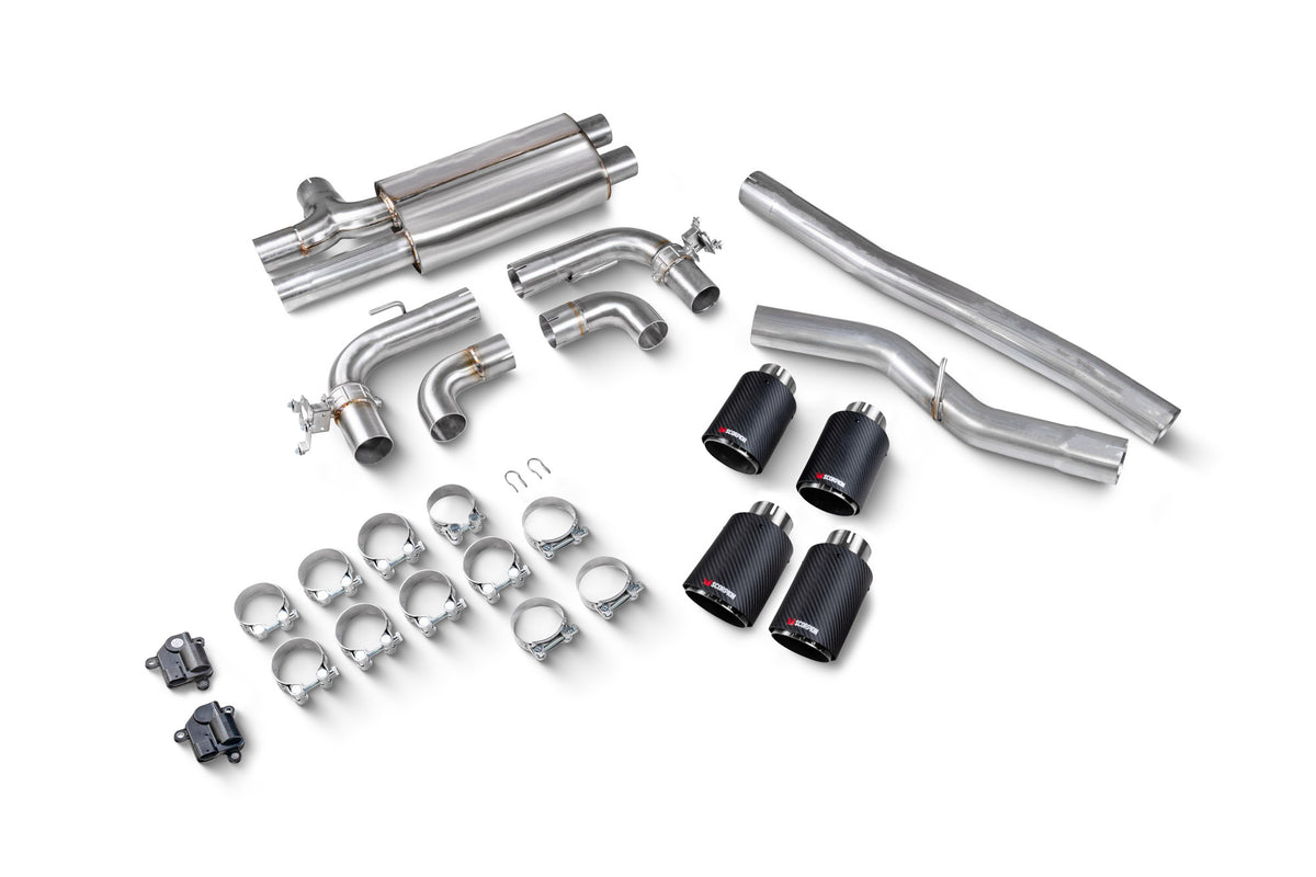 Scorpion BMW F70 M135i GPF-Back Exhaust System with polished twin exhaust tips and stainless steel construction.