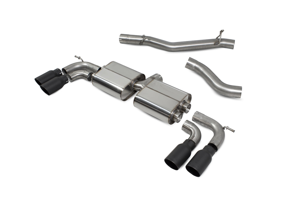 Scorpion Volkswagen Golf MK7 R cat-back exhaust system with no valves, non-resonated, stainless steel, and polished finish.