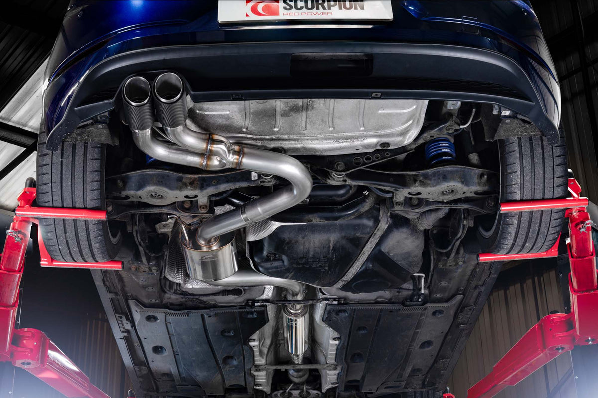 Scorpion Volkswagen Golf Mk7.5 1.5 TSI resonated cat-back exhaust system with polished chrome tips and stainless steel piping.