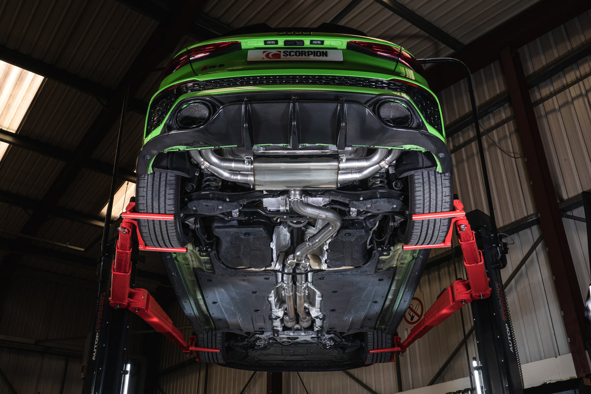 Scorpion Audi RS3 8Y Sportback GPF-Back Exhaust System with valves, non-resonated, showcasing polished metal pipes and dual exhaust tips.