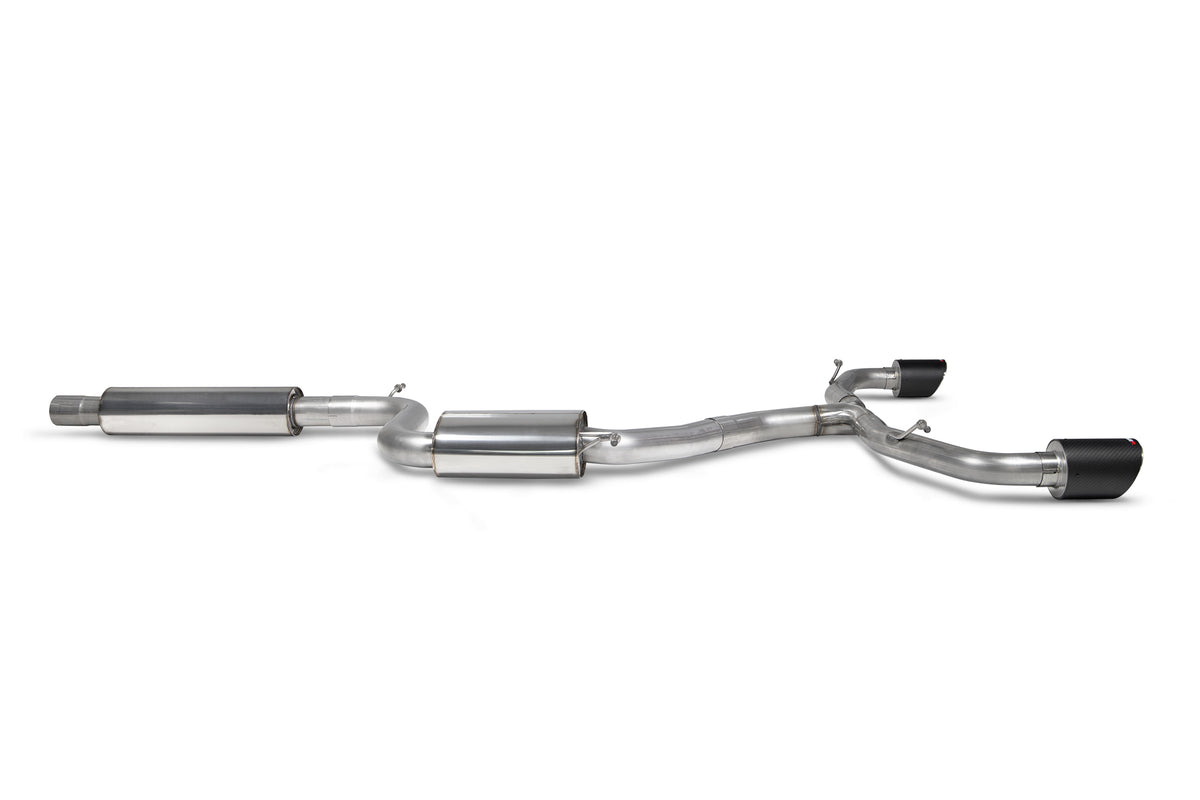 Scorpion Volkswagen Golf MK8 GTI resonated GPF-back exhaust system installed on the car's rear, showcasing the polished exhaust tips.