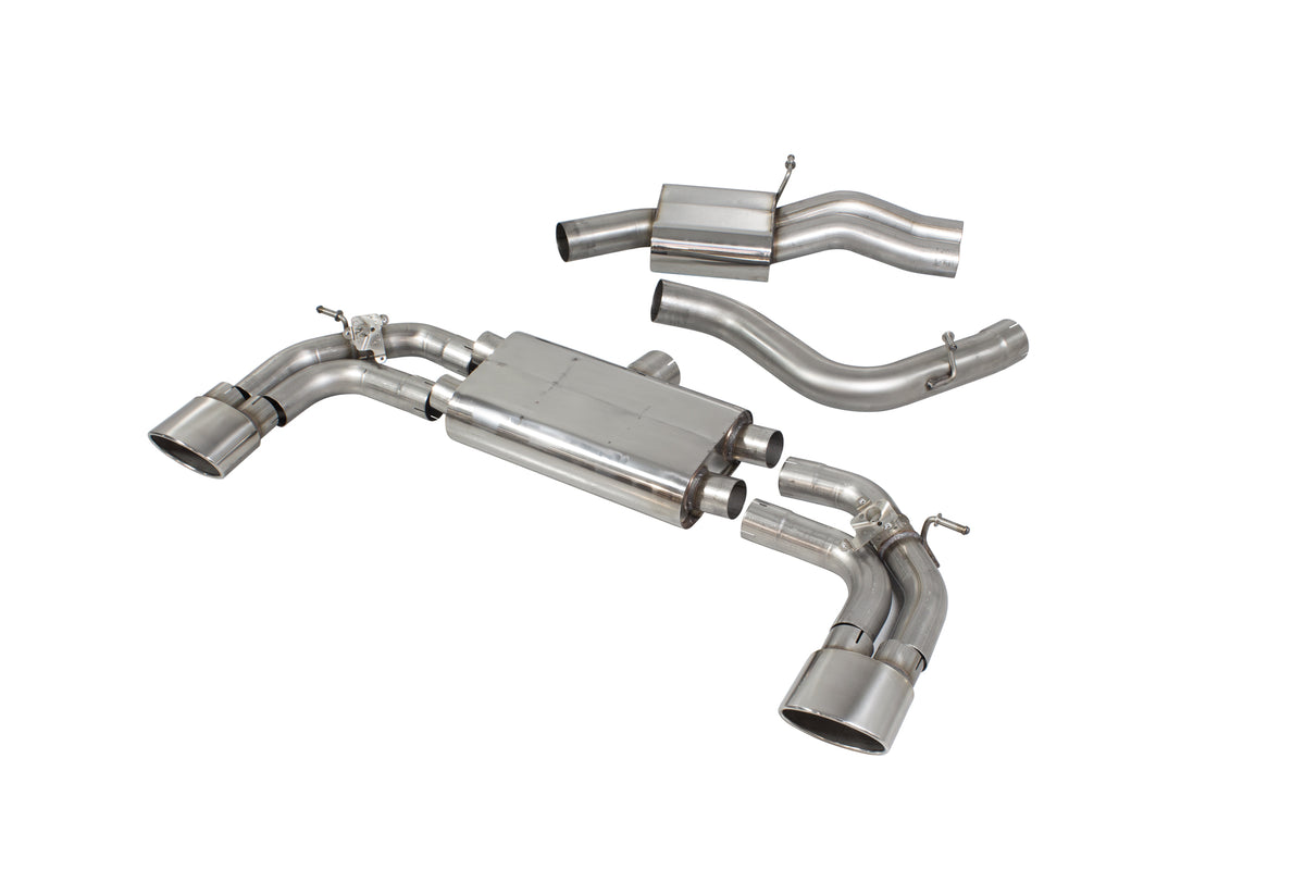 Scorpion Audi RS3 8V saloon resonated cat-back exhaust system with electronic valves, showcasing polished stainless steel pipes and mufflers.