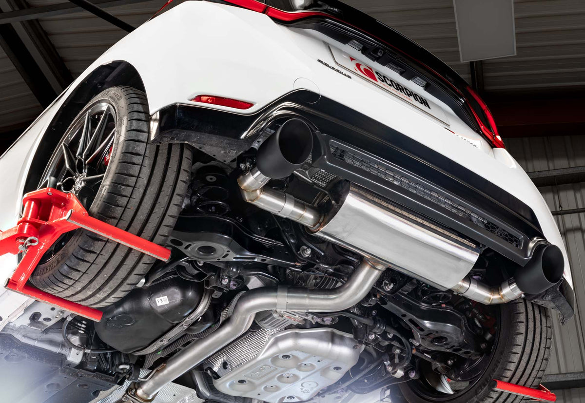 Scorpion Toyota Yaris GR GEN 2 GPF-Back Exhaust System installed, showcasing polished metal pipes and dual exhaust tips.