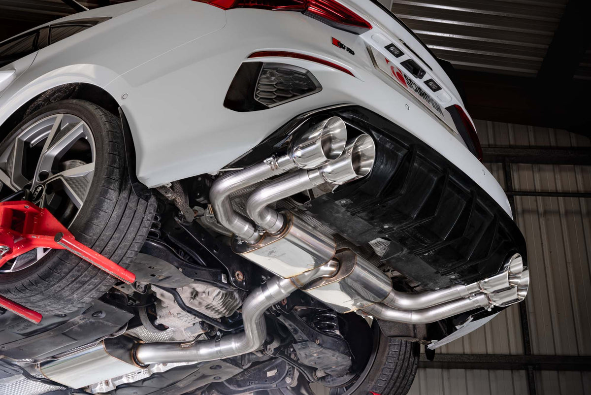 Scorpion Audi S3 8Y Sportback GPF-Back Exhaust System with resonated tips, showcasing polished metal pipes and dual exhaust outlets.