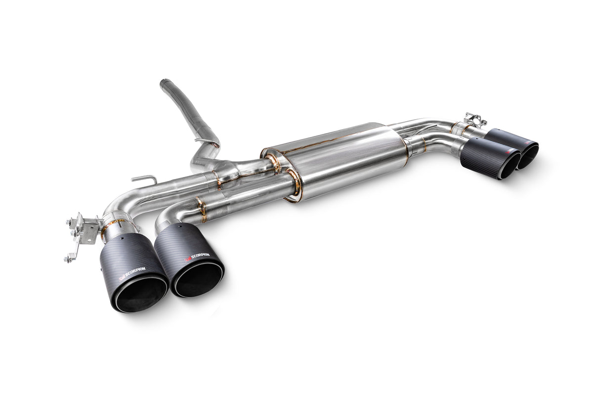 Scorpion BMW F70 M135i GPF-Back Exhaust System with polished stainless steel finish and dual exhaust tips.