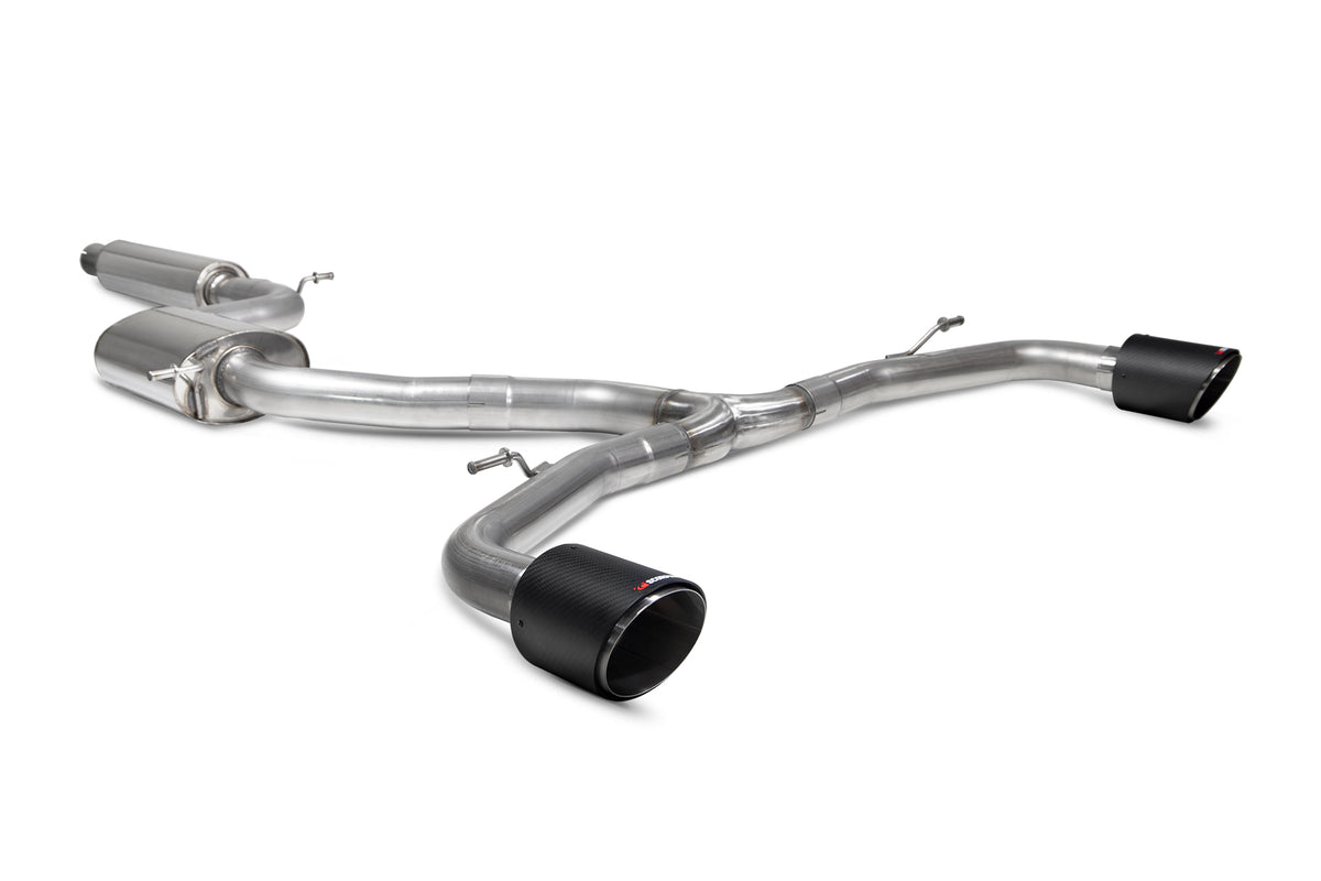 Scorpion Volkswagen Golf MK8 GTI resonated GPF-back exhaust system with polished tips and stainless steel construction.