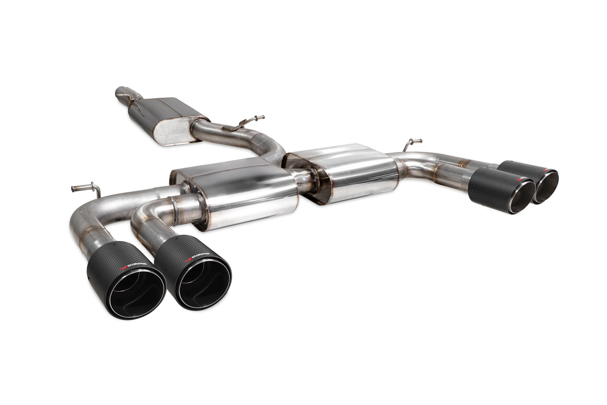 Scorpion Audi S3 8V saloon GPF-back exhaust system with resonated pipes, without valves, showcasing polished metal components.