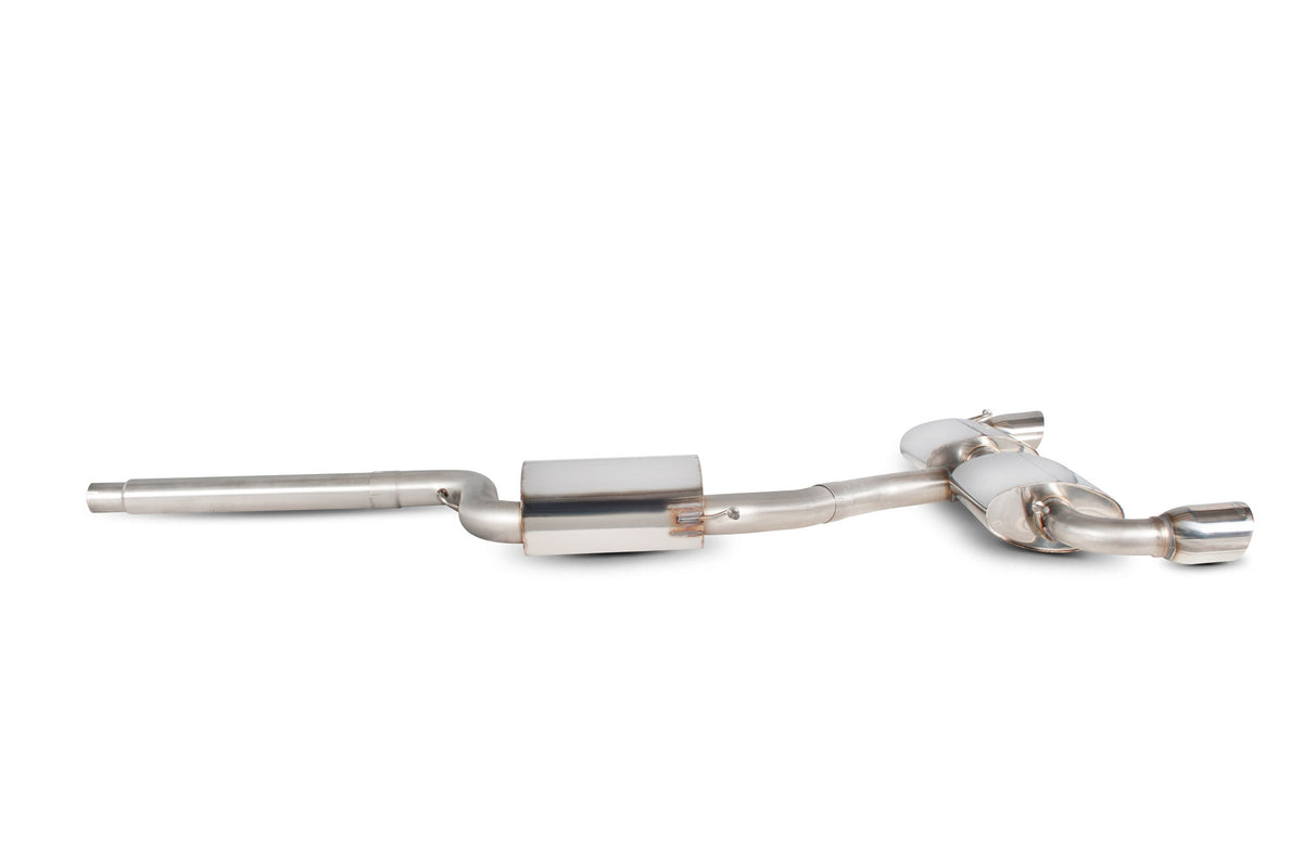Scorpion Volkswagen Scirocco R resonated cat-back exhaust system with polished stainless steel pipes and dual exhaust tips.