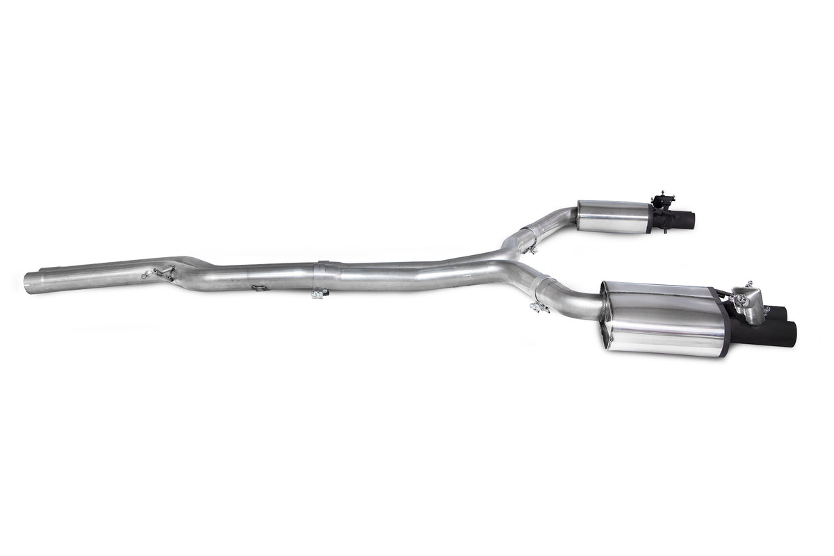 Scorpion Audi RS6 C7 Avant and RS7 C7 non-resonated half exhaust system showing polished stainless steel pipes and muffler components.