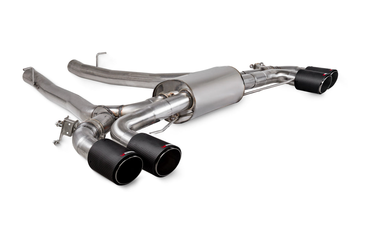Scorpion BMW F90 M5 Half Exhaust System with electronic valves, showing the sleek stainless steel pipes and valve controls.
