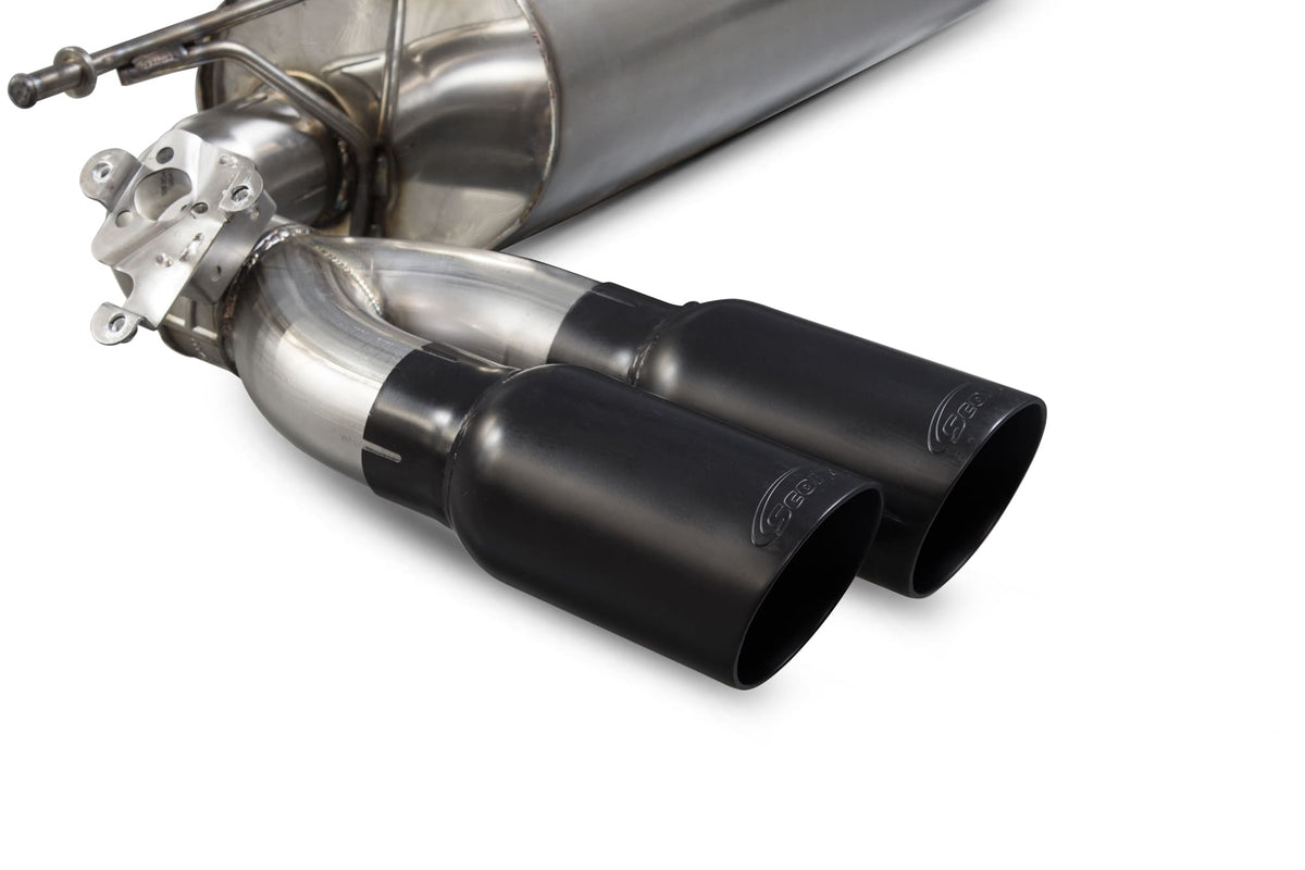 Scorpion BMW M2 F87 Non GPF model cat-back exhaust system with electronic valve, showcasing polished stainless steel pipes and muffler.