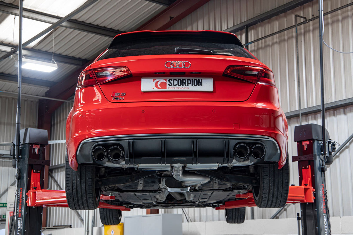 Scorpion Audi S3 8V GPF-Back Exhaust System with resonated 3-door/Sportback design and valve controls, made by Scorpion Exhausts.