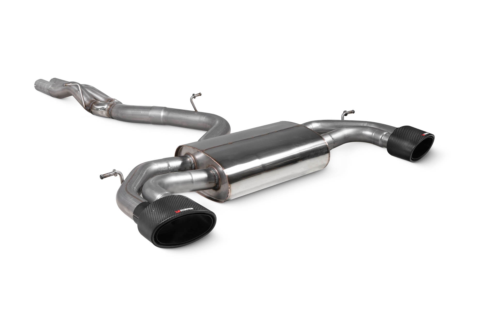 Scorpion Audi RS3 8V pre-facelift cat-back exhaust system without valves, featuring polished stainless steel piping and dual exhaust tips.