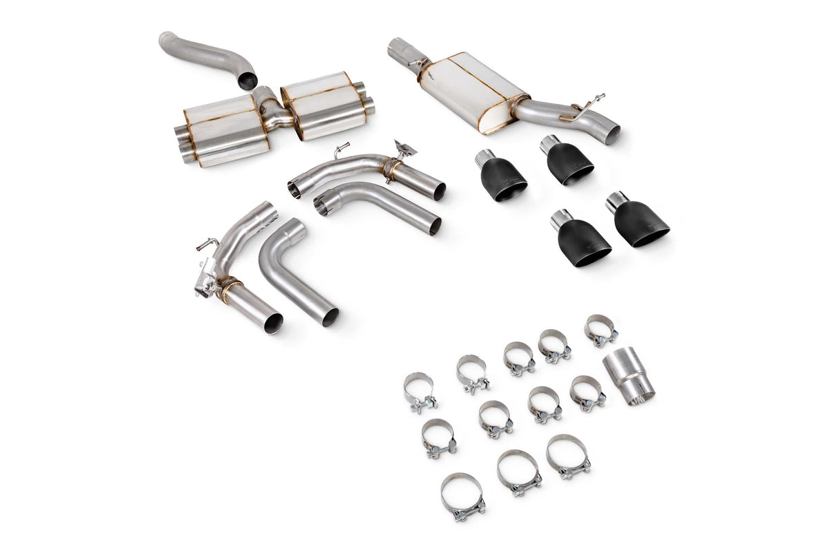 Scorpion Audi S3 8Y Sportback GPF-Back Exhaust System with electronic valves, showcasing the resonated cat-back design and polished tips.