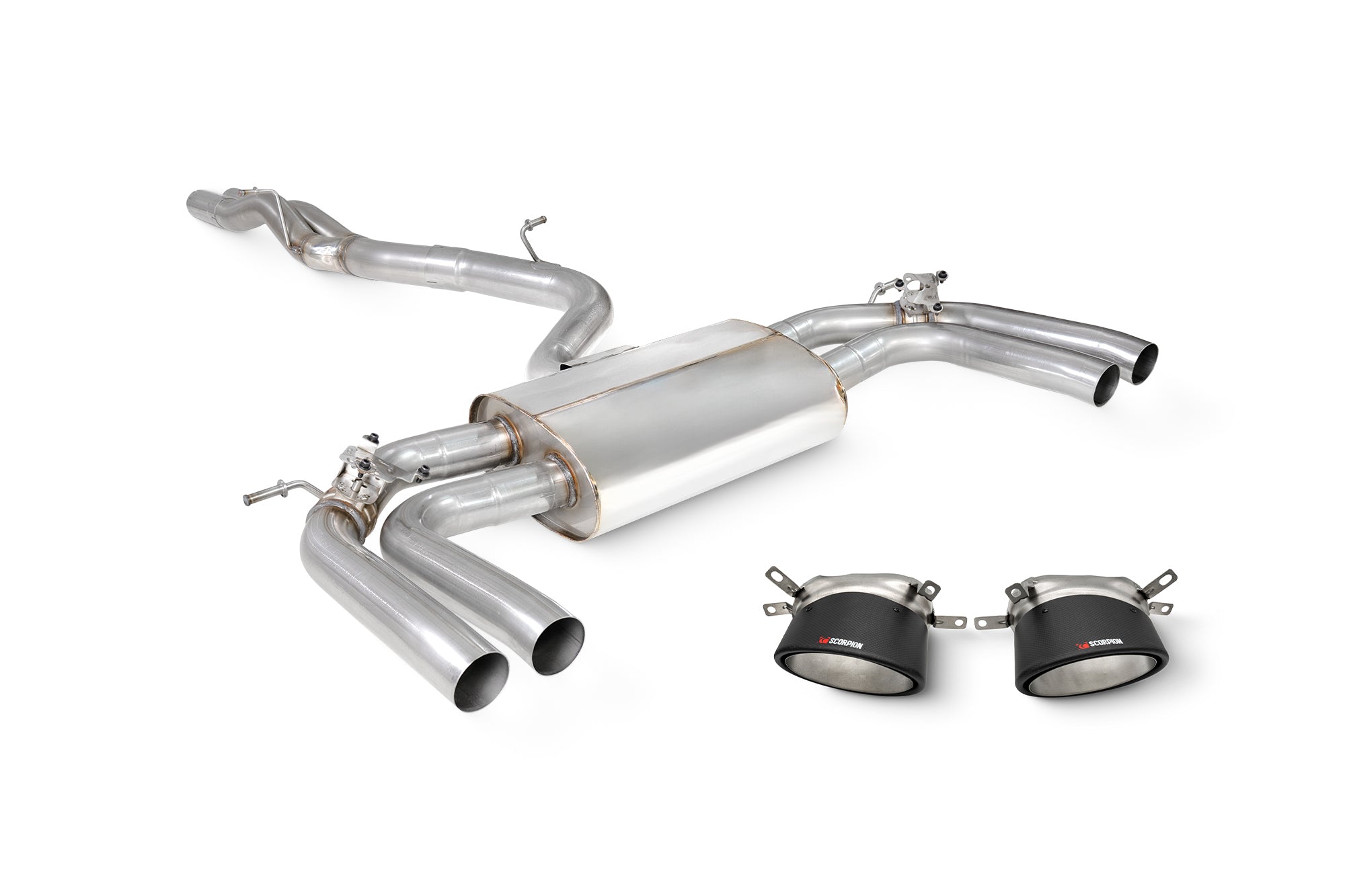 Scorpion Audi RS3 8Y Sportback GPF-Back Exhaust System with valves, non-resonated, showcasing polished stainless steel pipes and mufflers.