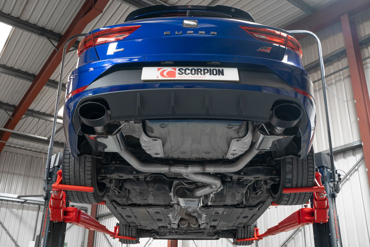 Scorpion Exhausts GPF-Back Exhaust System for Seat Leon Cupra ST 300 4Drive, showing polished pipes and resonated design.