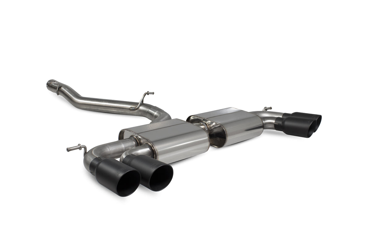 Scorpion Volkswagen Golf MK7 R non-resonated cat-back exhaust system with no valves, showcasing polished stainless steel pipes and muffler