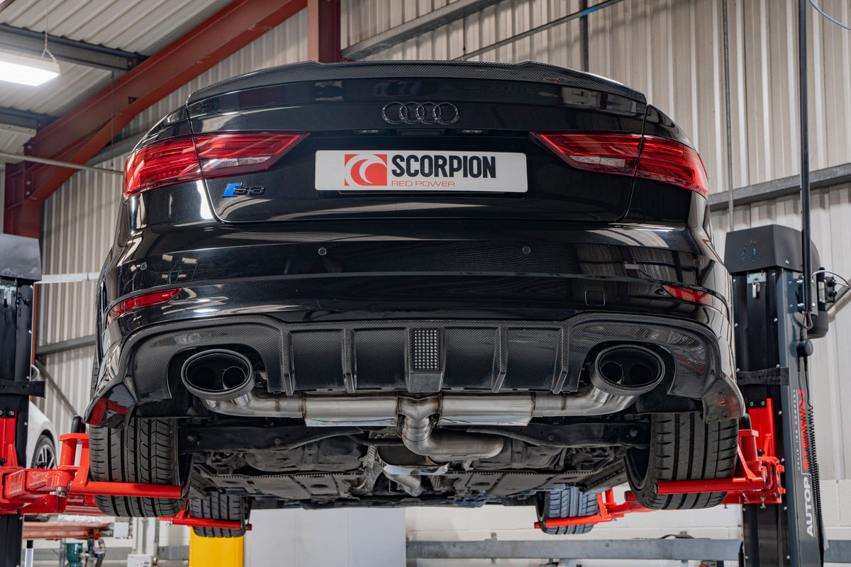 Scorpion Audi S3 8V saloon GPF-back exhaust system with resonated design, no valves, showcasing polished metal pipes and muffler details.
