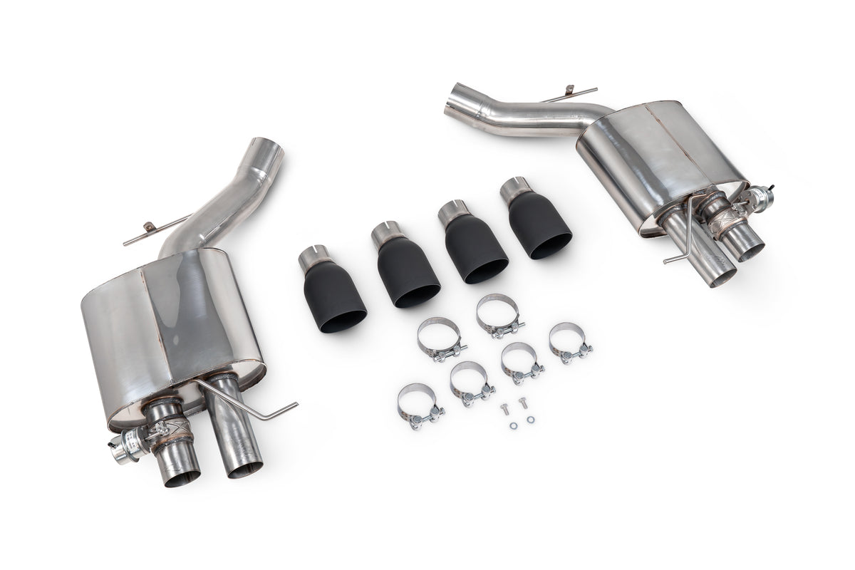 Scorpion BMW M5 F10 rear silencer exhaust component, showcasing polished stainless steel finish and dual exhaust tips.