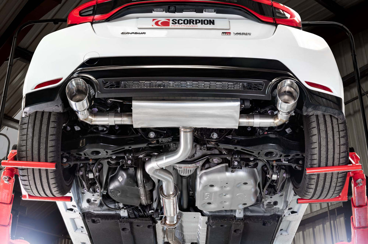 Scorpion Toyota Yaris GR GEN 2 resonated GPF-back exhaust system installed on a car showing the muffler and piping.