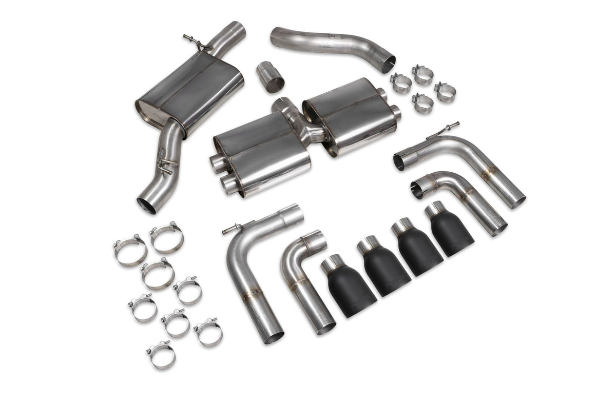 Scorpion Audi S3 8V saloon GPF-back exhaust system without valves, featuring resonated design and polished metal finish.