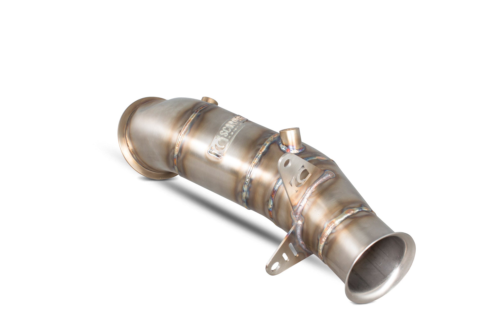 Scorpion BMW M235 F22 de-cat turbo downpipe showing metallic pipe with flanges and catalytic converter removal section.