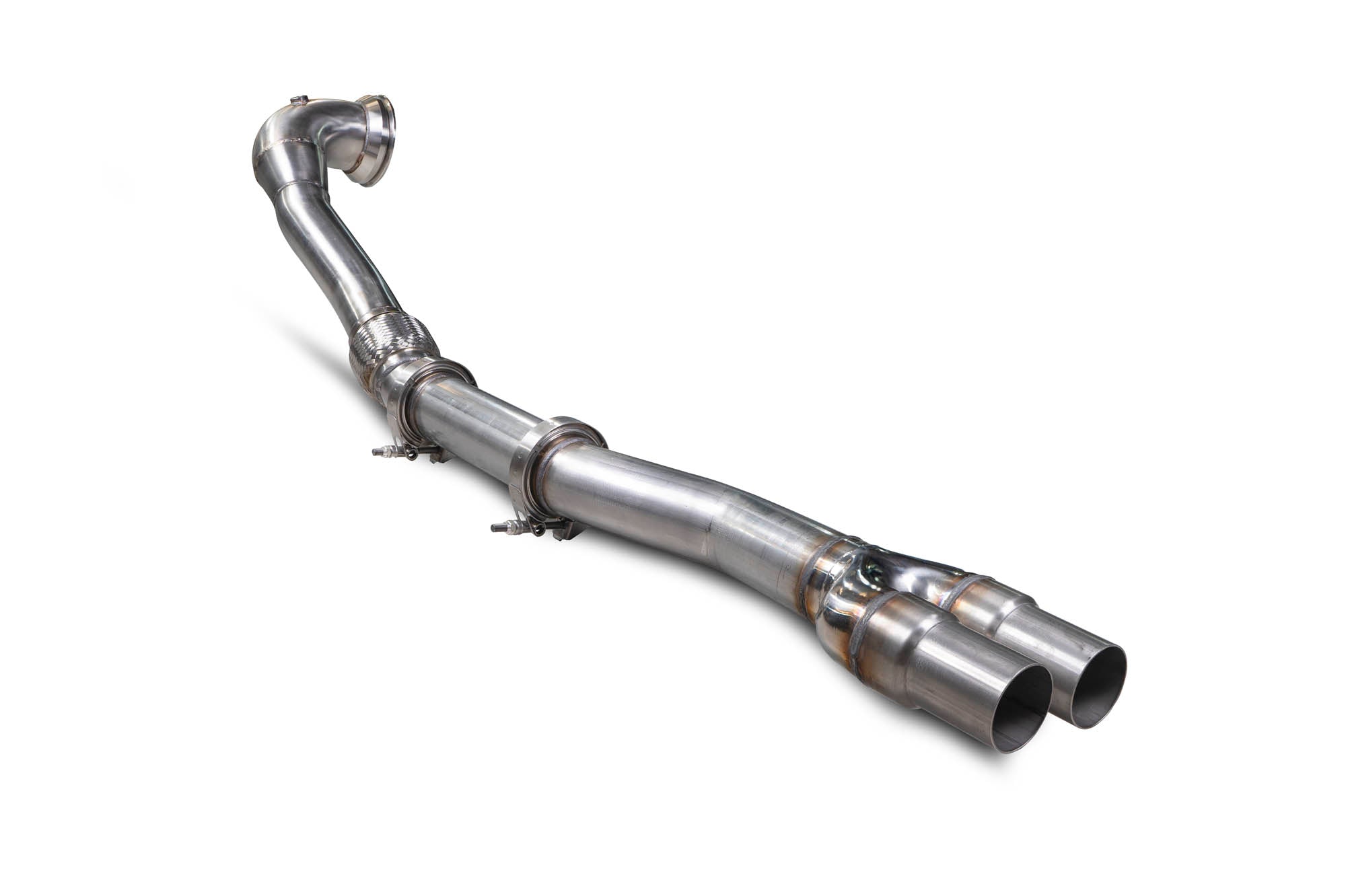 Scorpion Exhausts Audi RS3 8V pre-facelift de-cat downpipe showing polished metal pipes and mounting flanges.
