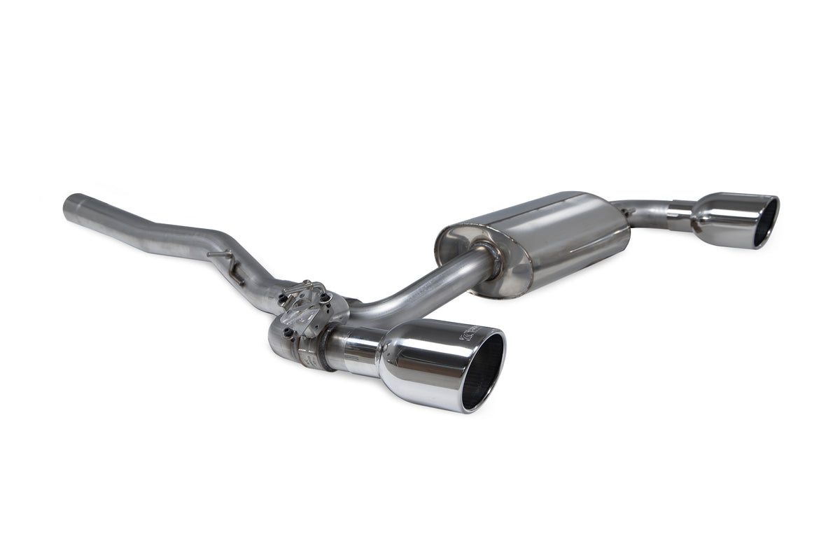 Scorpion BMW M135i xDrive GPF-Back Exhaust System with electronic valve, showcasing the polished exhaust tips and piping.