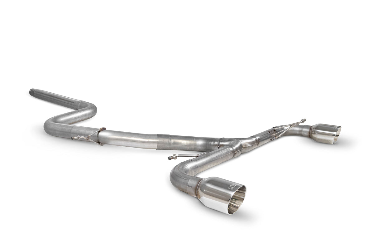 Scorpion Volkswagen Scirocco R non-resonated predator cat-back exhaust system with polished stainless steel tips.