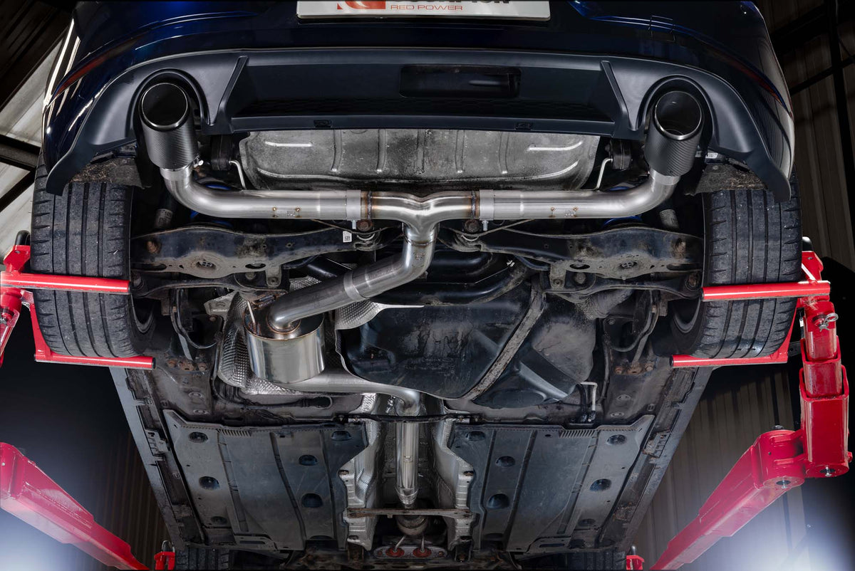 Scorpion Volkswagen Golf Mk7.5 1.5 TSI non-resonated cat-back exhaust system installed on a car showing the polished exhaust tips.