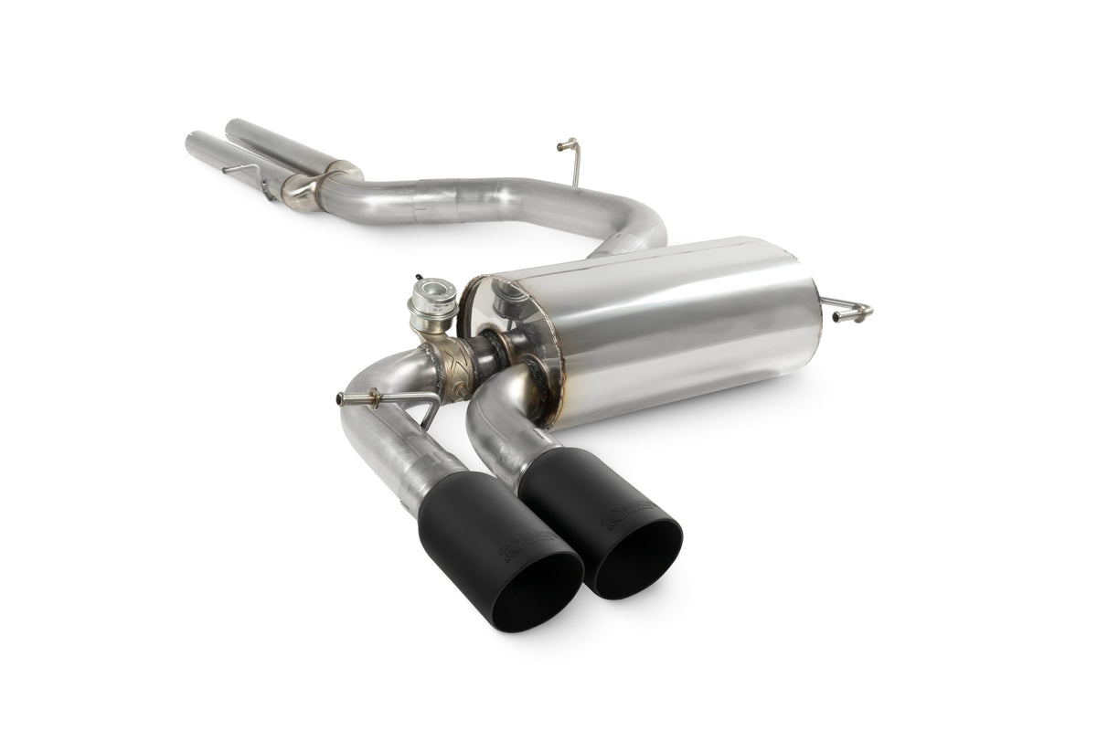 Scorpion Audi RS3 8P non-resonated cat-back exhaust system showcasing polished stainless steel pipes and muffler design.