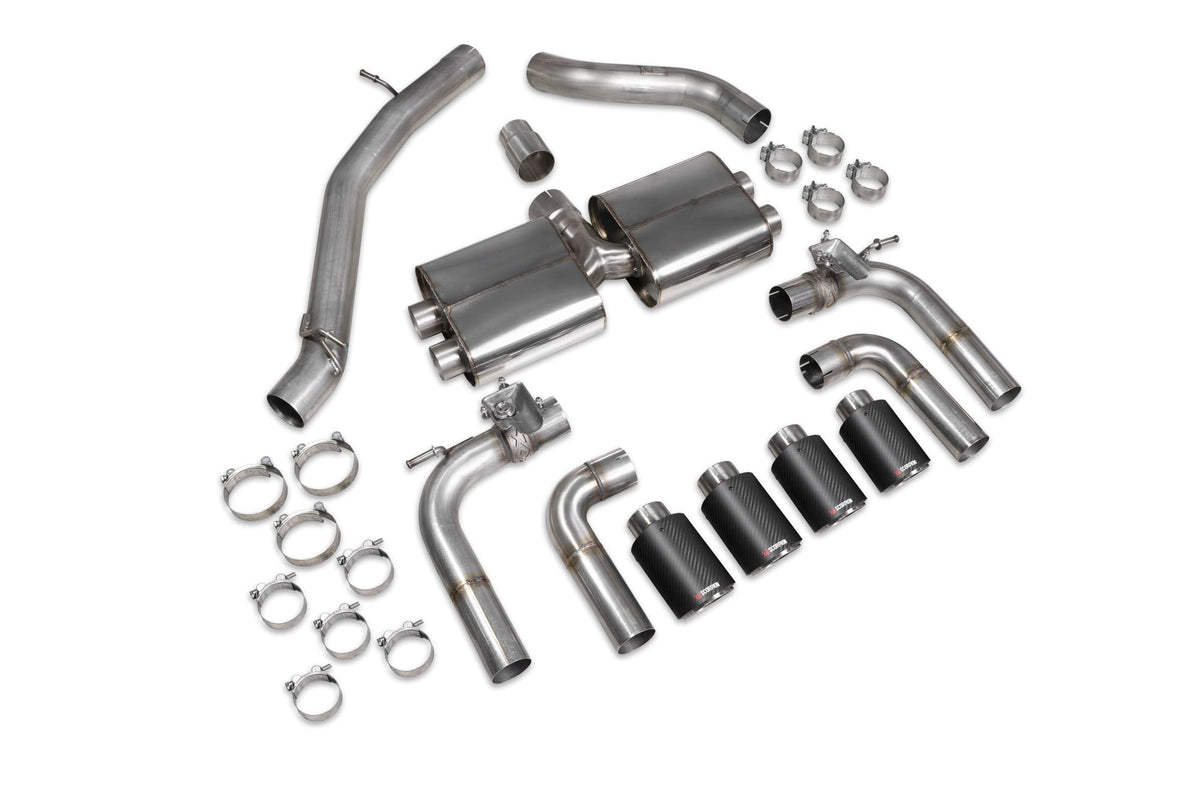 Scorpion Audi S3 8V saloon GPF-back exhaust system with valves, non-resonated cat-back system showing polished metal pipes and exhaust tips.