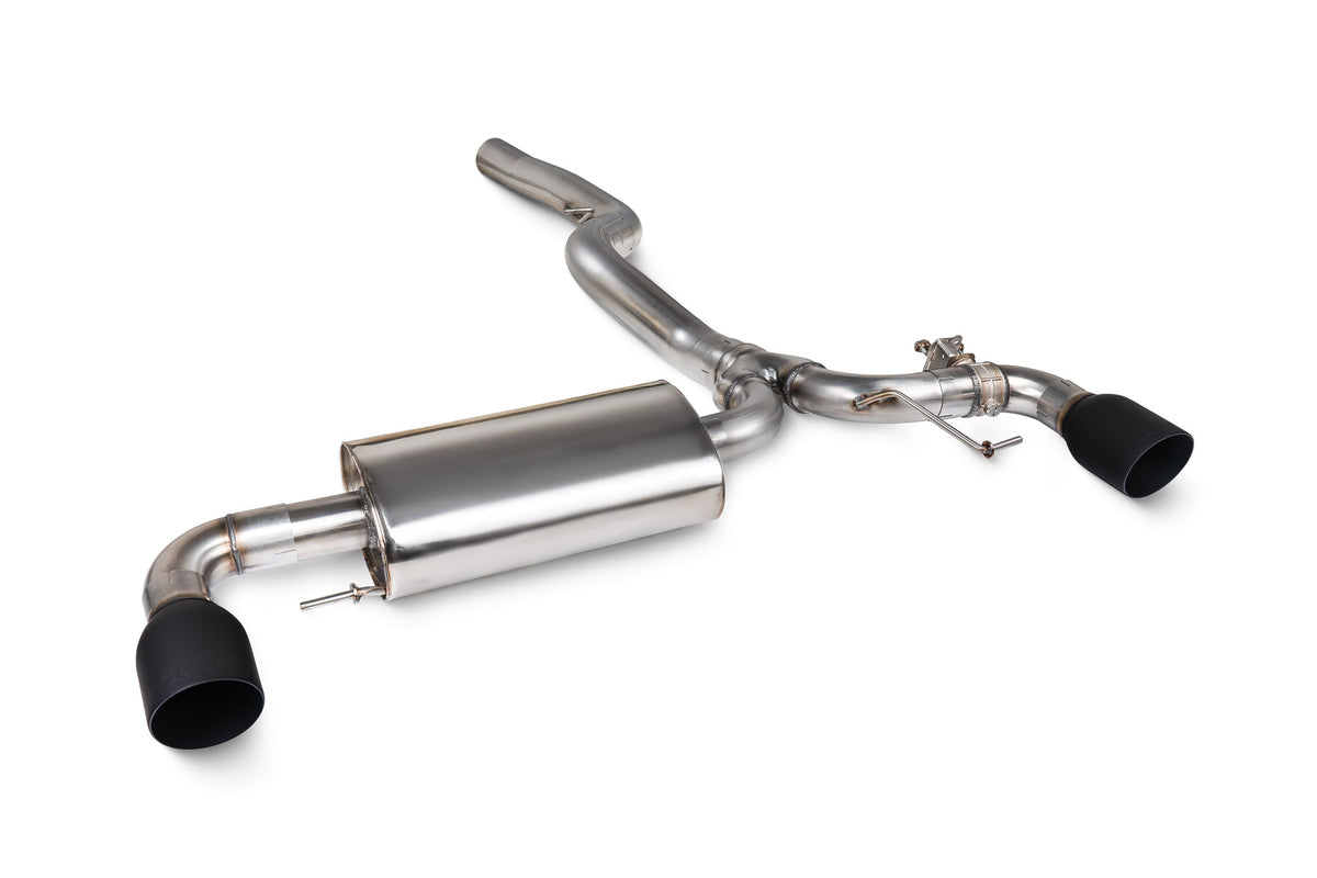 Scorpion BMW 230i G42 GPF-Back Exhaust System with electronic valve, showing polished metal pipes and exhaust tips.