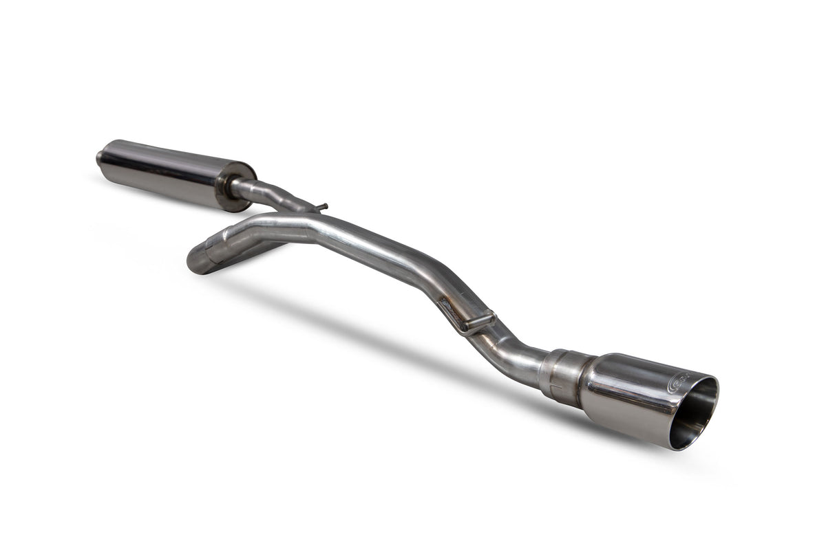 Scorpion Volkswagen UP! GTI TSI resonated cat-back exhaust system installed on a car, showcasing the polished exhaust pipes.
