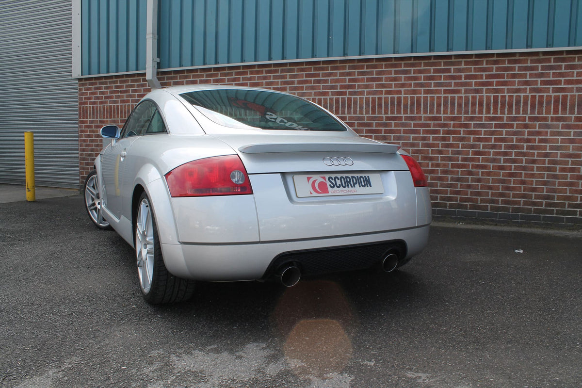Scorpion Audi TT Mk1 quattro cat-back exhaust system with resonated pipes, designed for 180 and 225 bhp models, showing polished metal components.