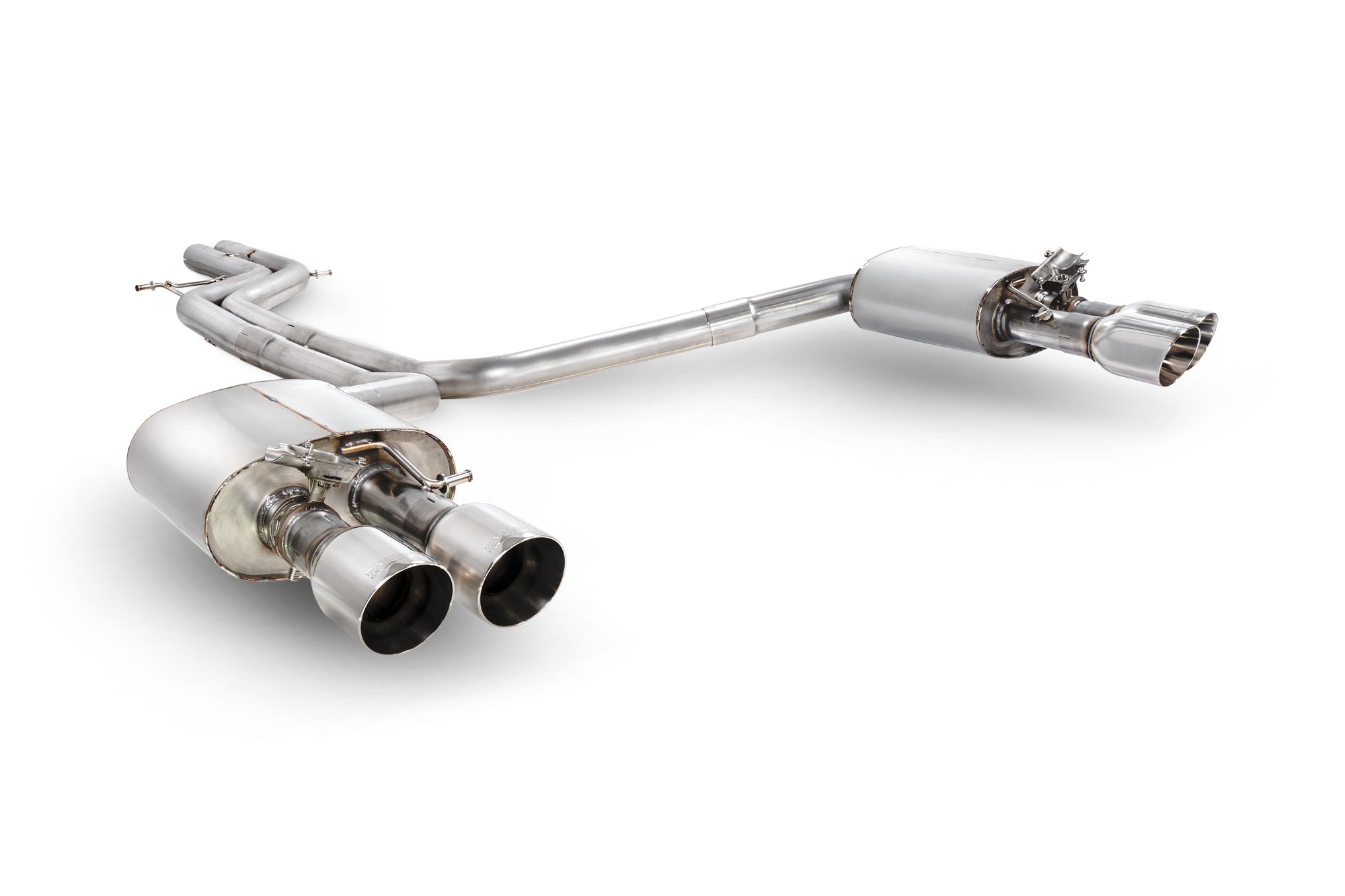 Scorpion Audi S6/S7 C7 non-resonated half exhaust system with electronic valves, featuring polished metal pipes and valve controls.