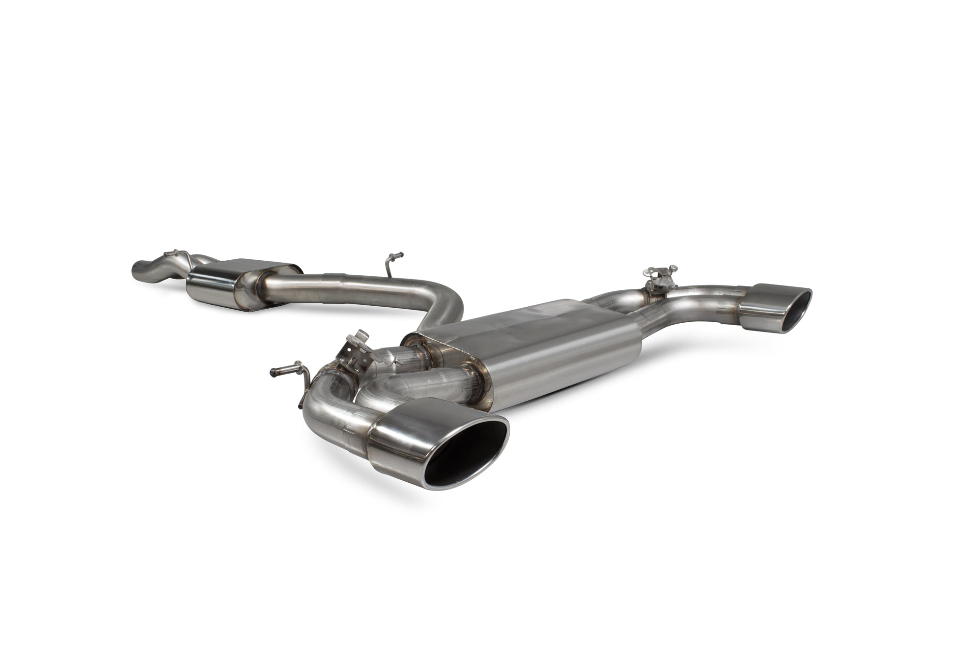 Scorpion Audi RS3 8V saloon cat-back exhaust system with resonated pipes and electronic valves, showcasing polished stainless steel construction.
