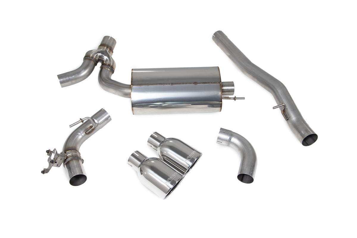 Scorpion BMW M135i xDrive F40 GPF-Back Exhaust System with electronic valve, showcasing polished metal pipes and exhaust tips.