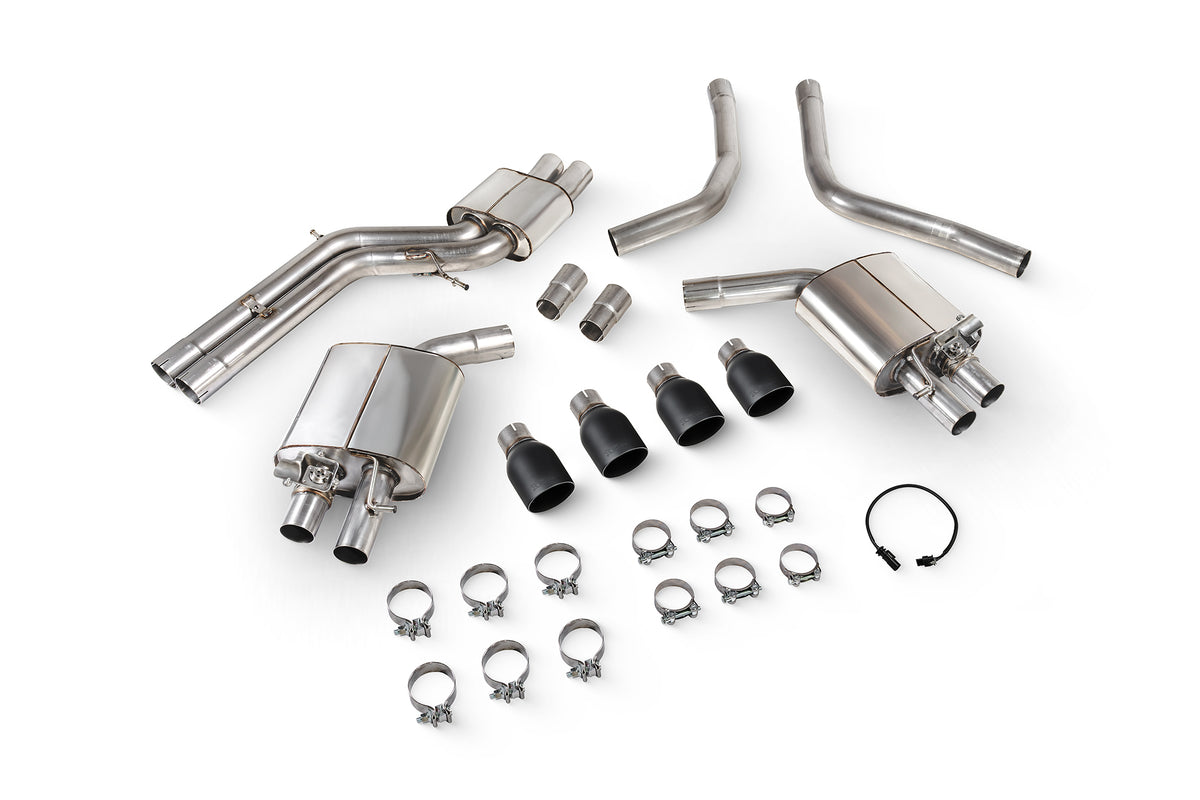 Scorpion Audi S6/S7 C7 resonated half exhaust system with electronic valves, showing polished metal pipes and valve controls.